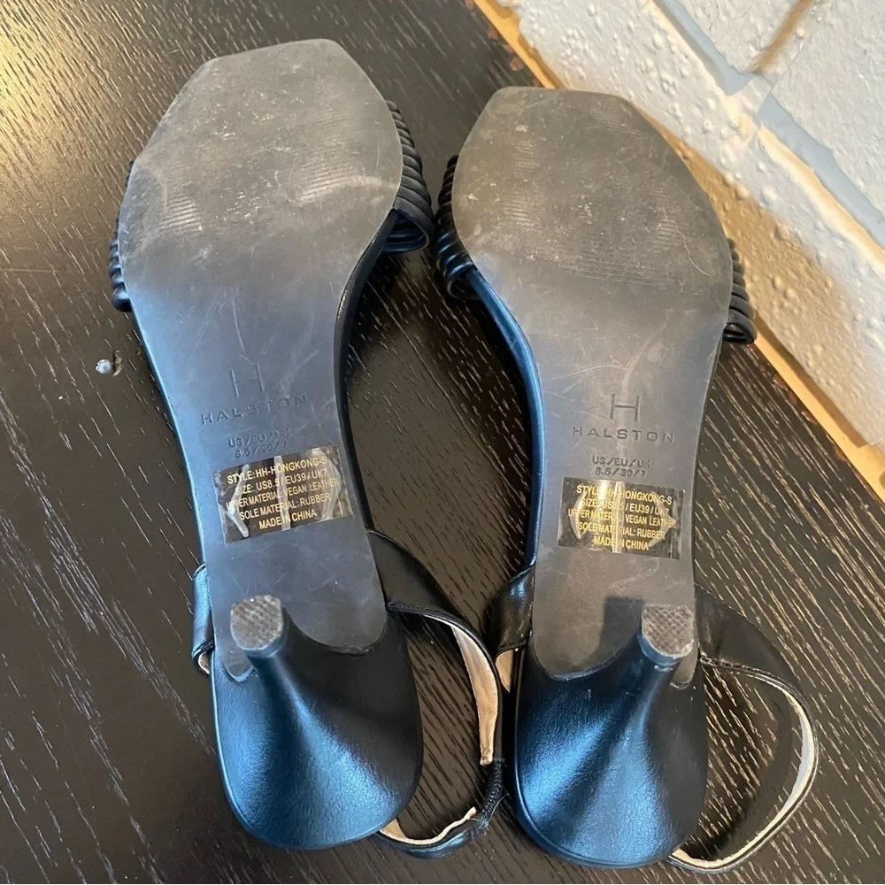 H Halston Hong Kong Sling Back Leather Heels Sandals Shoes BLACK 8.5 Square Toe
